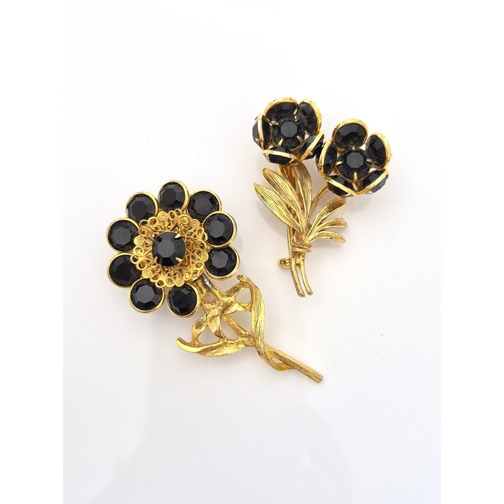 Pair of Vintage Black Crystal Rhinestone Flower Brooches